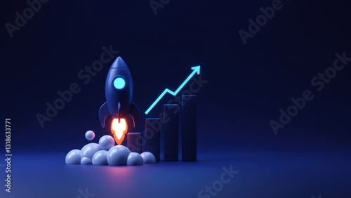 Rocket launching with upward graph in dark blue background Represents growth, innovation, and business success