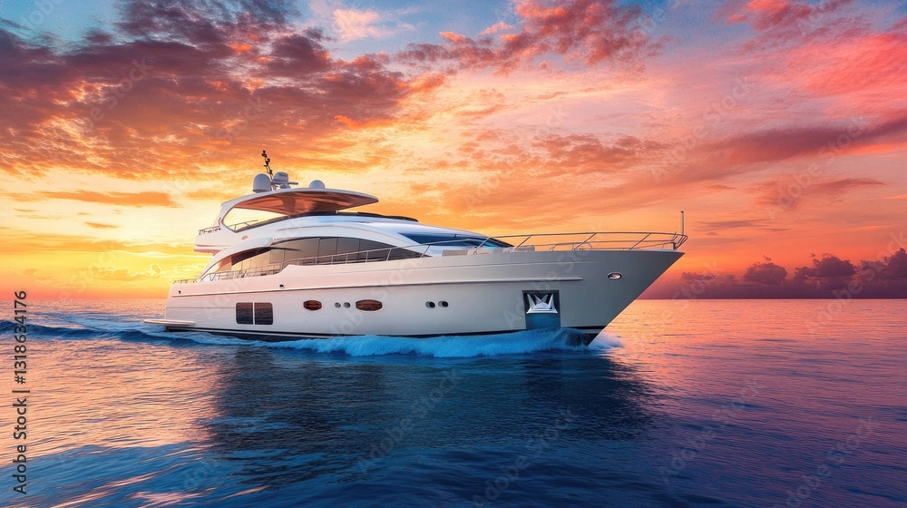 A luxury yacht at sea against the backdrop of a sunset sky, a white-colored yacht and a blue water surface, with beautiful clouds in the sky and a colorful sky A luxury yacht at sea against the backdrop of a sunset sky, a white-colored yacht and a blue water surface, with beautiful clouds in the sky and a colorful sky