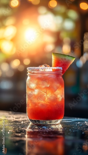 watermelon margarita cocktail on the rocks with salt in an artisan mason jar