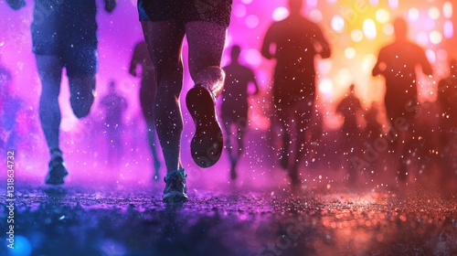 Participants run through a vibrant night race, surrounded by colorful lights and a misty atmosphere. The ground glistens with rain, creating a dynamic and energetic environment