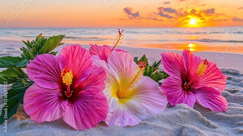 Wallpaper Mural Hibiscus blooms rest on sandy beach, sun setting over water, soft sky Torontodigital.ca