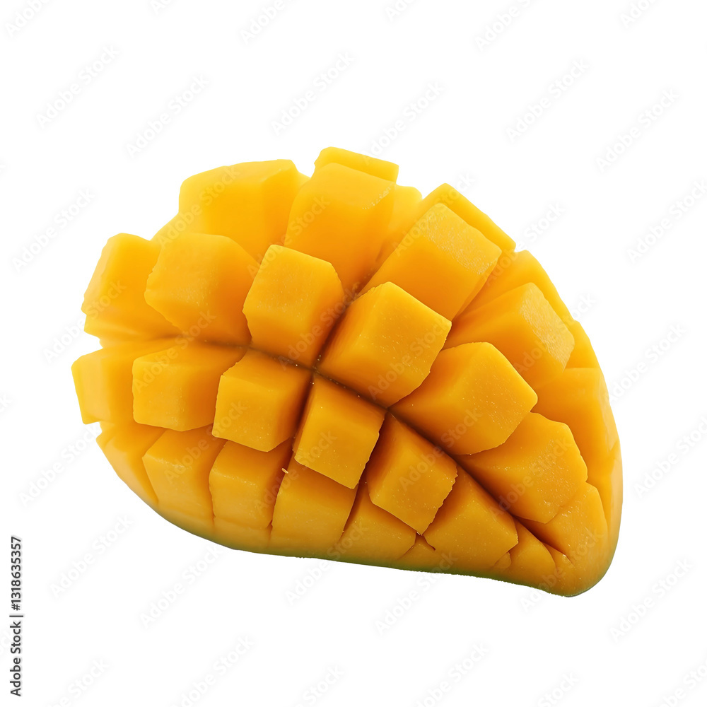 Mango slices with cube-shaped cuts isolated on white or transparent png, highlighting fresh, juicy fruit with vibrant yellow color and clean presentation for culinary use. Mango slices with cube-shaped cuts isolated on white or transparent png, highlighting fresh, juicy fruit with vibrant yellow color and clean presentation for culinary use.