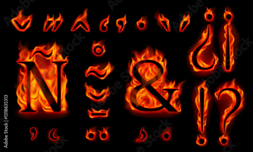 Set of burning diacritic marks, letter Ñ and &, Spanish question and exclamation marks in orange flames isolated on a black background. Vector illustration. 