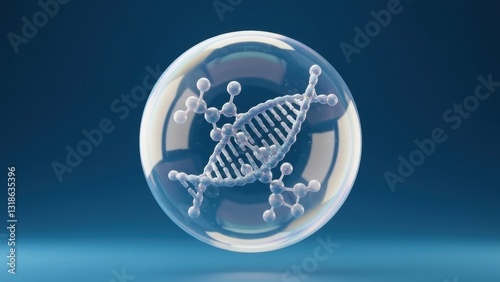 DNA molecule in a transparent bubble against a blue background Represents biology, healthcare, and scientific research