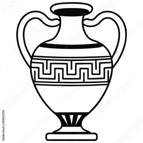 A black and white line art illustration of an ancient Greek amphora vase, centered on a white background 