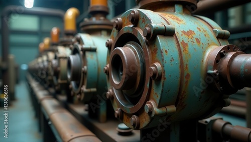 Rusty Industrial Machinery Close-Up A Detailed View of Weathered Pumps in a Manufacturing Facility