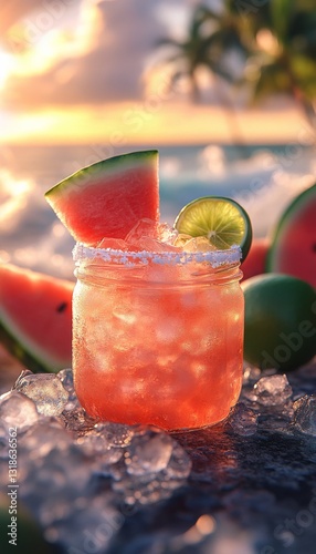 watermelon margarita cocktail on the rocks with salt in an artisan mason jar