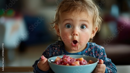 A young toddler with curly hair looks surprised while holding a bowl of vibrant fruit. The cozy setting creates a warm family atmosphere during mealtime