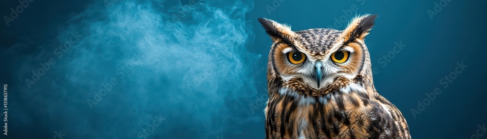 Surreal Owl in Mystic Robe Floating Against a Dreamlike Blue Background Surreal Owl in Mystic Robe Floating Against a Dreamlike Blue Background