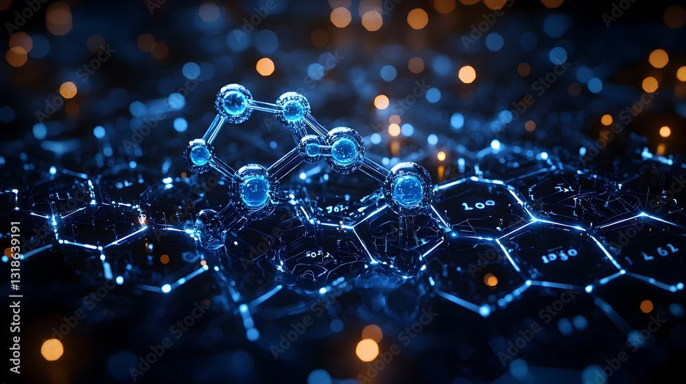Obraz premium Abstract Blue Glowing Molecular Network on Dark Background