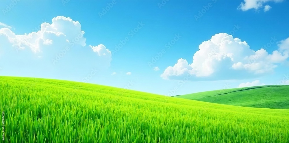 Fototapeta premium Vibrant green field under clear blue sky with clouds, outdoors, nature