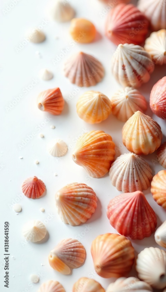 Vibrant mix of shells scattered on clean white surface, mollusk, clam Vibrant mix of shells scattered on clean white surface, mollusk, clam