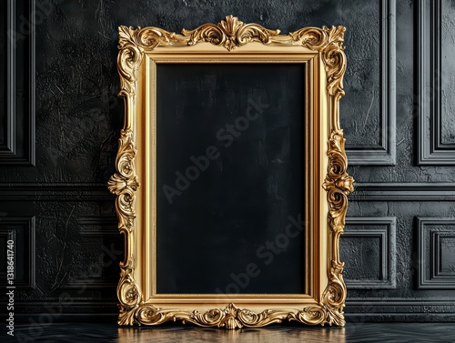 Golden Frame on Black Backdrop: An ornate, vintage golden picture frame stands elegantly against a dark backdrop, evoking a sense of history and classic style.
