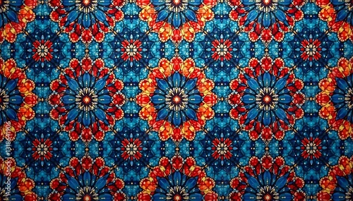 Vibrant red and blue Moroccan mosaic design in seamless repeat pattern, pattern, vibrant