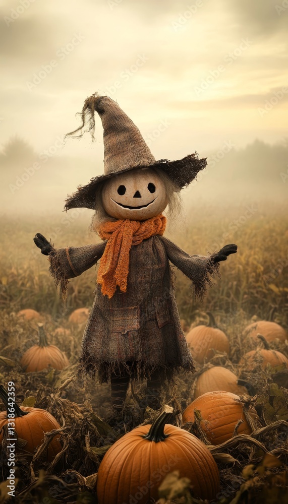 Fototapeta premium Whimsical scarecrow guardianship over a tranquil pumpkin patch in a misty, serene field