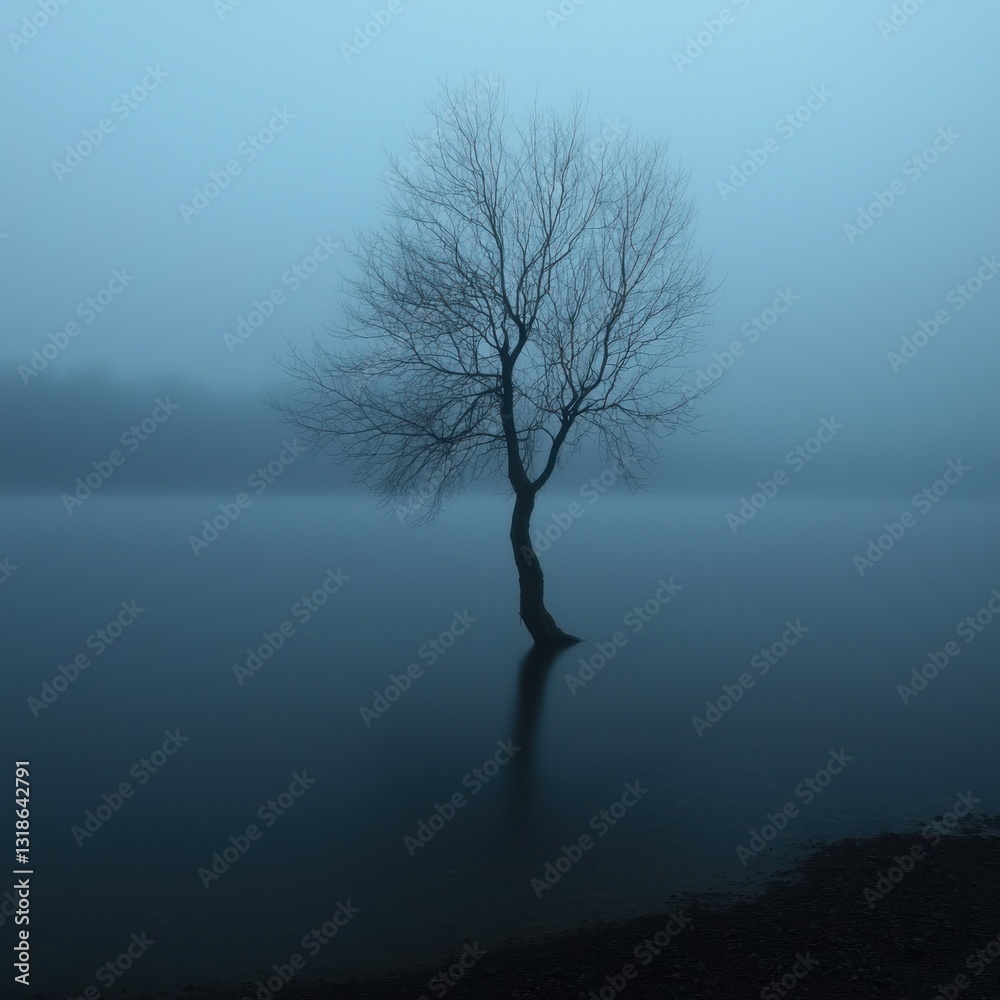 Solitary tree stands within the blue, misty water, creating a serene image Solitary tree stands within the blue, misty water, creating a serene image