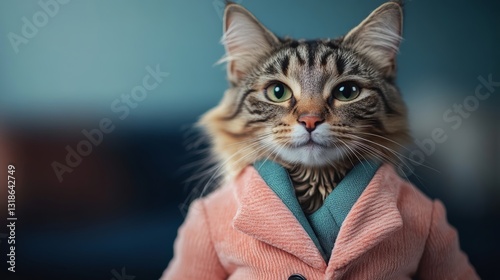 Cat is wearing a pink jacket and standing in front of a blue couch. The cat has a serious expression on its face