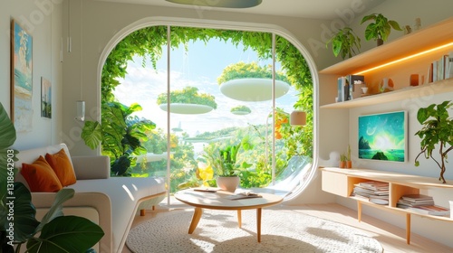 A cozy apartment where the window doesn't show the outside world but a lush alien landscape with floating islands, cinematic realism, alternate dimensions