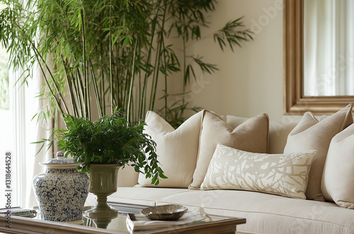 A potted green bamboo plant in the living room on top of a coffee table, a beige sofa with pillows, and white walls