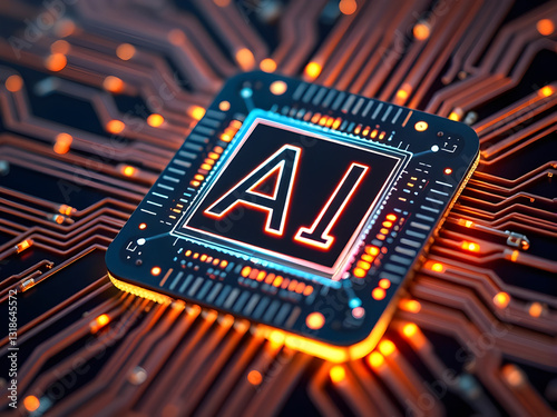 A futuristic AI chip with glowing circuits, symbolizing the rise of artificial intelligence
