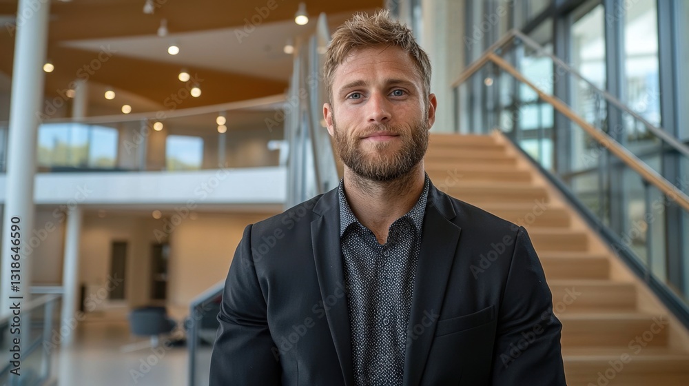 Obraz premium A man with a beard and stylish attire stands confidently in a contemporary office space. The setting features elegant architecture and bright overhead lights that enhance the professional atmosphere