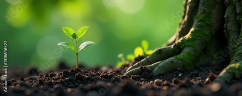 A small sapling with tender leaves emerging from the soil next to a mature tree with wilted branches, nature, leadership