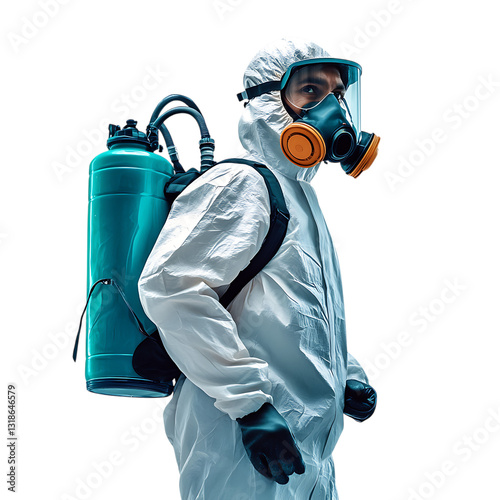 PNG Man in Full Disinfecting Kit Spraying Medicine Against a Transparent Background for Health, Hygiene, or Safety Design Projects photo