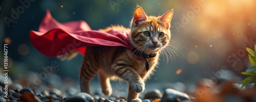 Agile cat soars through the air, cloak flowing behind, cape, jumping