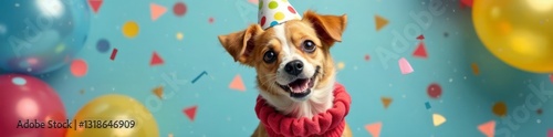 Adorable canine in party attire with confetti and balloons, colorful, joyful