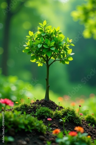 A single tree sprouts from a small sapling, surrounded by lush greenery and vibrant flowers , branches, blossoms