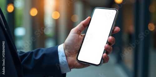 Businessman's hand holding a smartphone with a blank white screen, blurred background , workspace, digital device