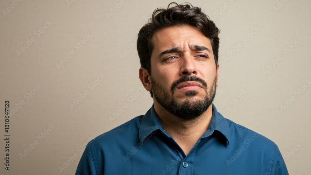 Middle Eastern man with beard looks contemplative indoors Serious expression conveys thoughtfulness and individuality Middle Eastern man with beard looks contemplative indoors Serious expression conveys thoughtfulness and individuality
