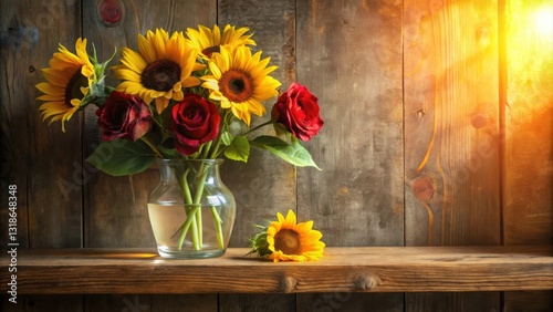 Fototapeta Naklejka Na Ścianę i Meble -  Rustic wooden shelf with a vase filled with sunflowers and red roses, bathed in golden sunlight