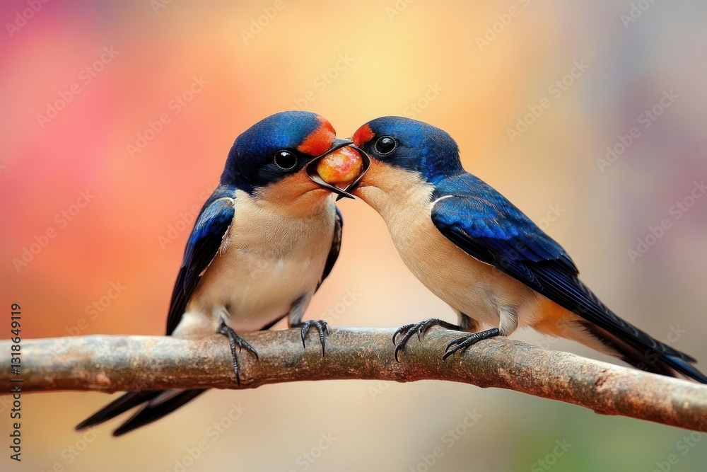 Obraz premium Two Swallows Sharing Food on a Branch in Warm Soft Light