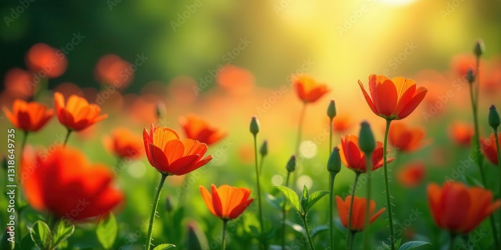 Naklejka premium Vibrant orange blossoms bathed in the golden sunlight of a tranquil meadow, creating a serene and picturesque scene.