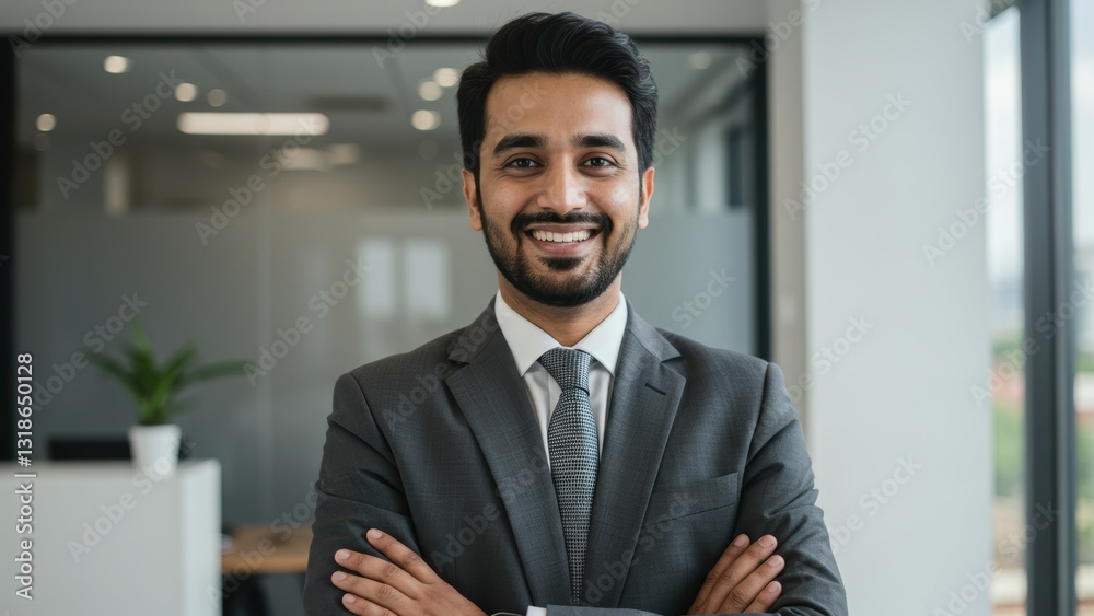 Fototapeta premium South Asian man in business attire smiling in modern office Captures professionalism, success, and career growth