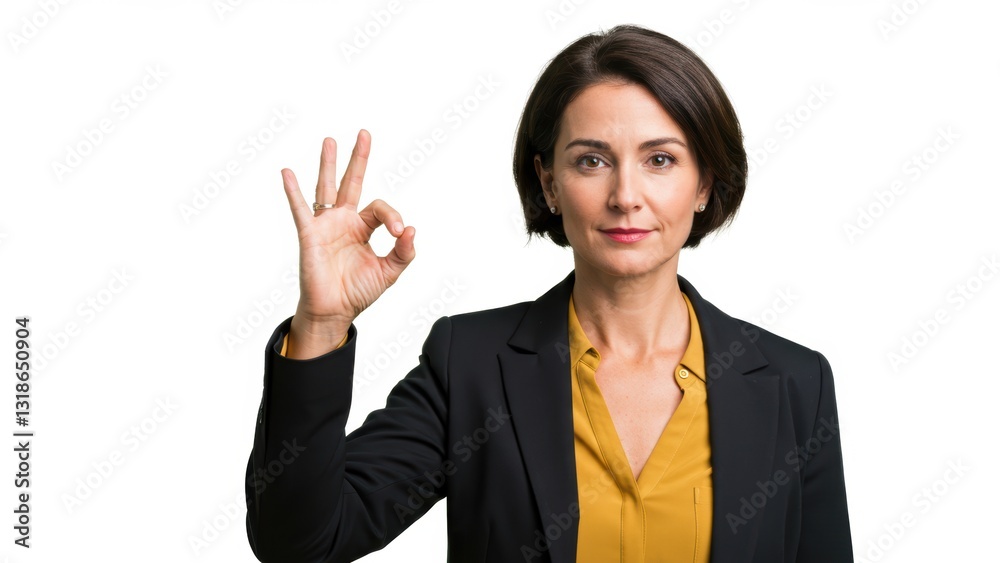 Middle aged woman in business attire making OK gesture against studio background, symbolizing success and positivity Middle aged woman in business attire making OK gesture against studio background, symbolizing success and positivity