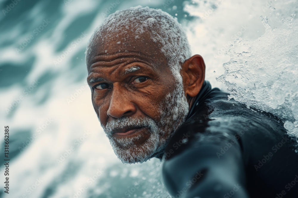 Senior man surfing amidst crashing waves on a sunny day at the beach