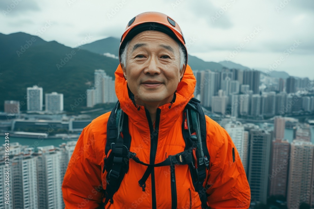 Senior climber enjoys panoramic view of city skyline while wearing vibrant outdoor gear