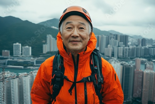 Senior climber enjoys panoramic view of city skyline while wearing vibrant outdoor gear