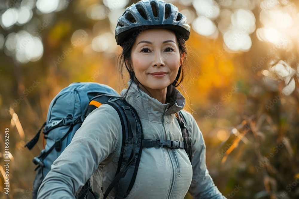 Woman in outdoor gear enjoys a cycling adventure through a vibrant autumn forest at golden hour