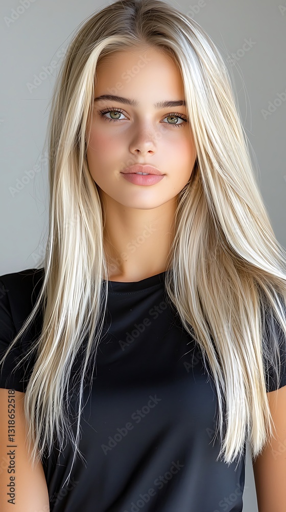 Elegant blonde European woman posing in t-shirt and shorts, photorealistic, casual fashion look, gray studio background, ideal for e-commerce Elegant blonde European woman posing in t-shirt and shorts, photorealistic, casual fashion look, gray studio background, ideal for e-commerce