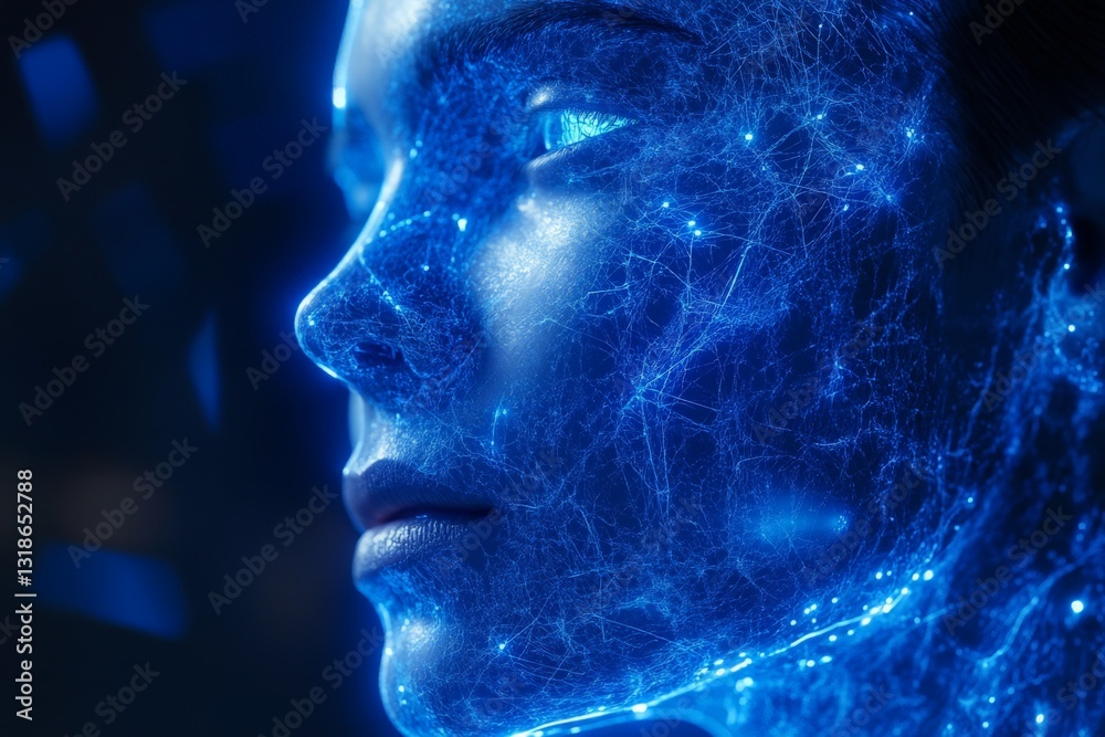 Digital representation of a human face illuminated with blue light patterns and technological elements in a futuristic setting