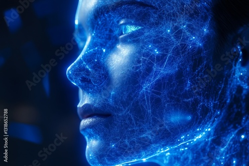Obraz na płótnie Digital representation of a human face illuminated with blue light patterns and technological elements in a futuristic setting w salonie