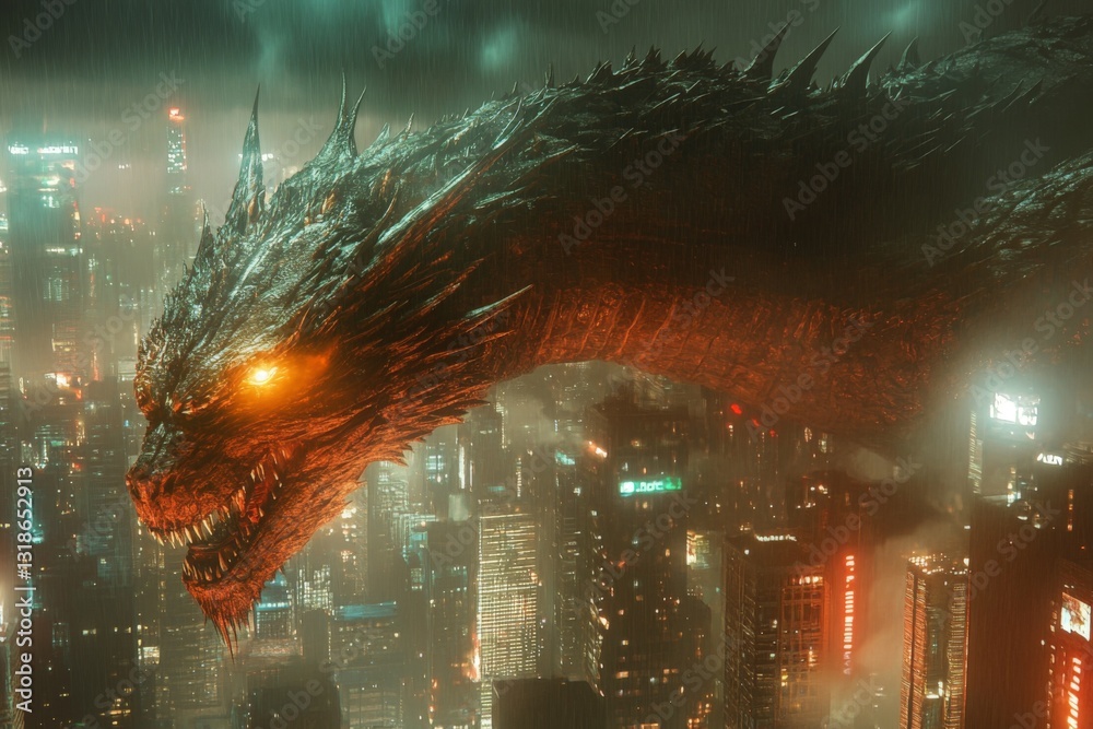 Giant dragon looms over a futuristic city skyline at night in a vibrant neon atmosphere