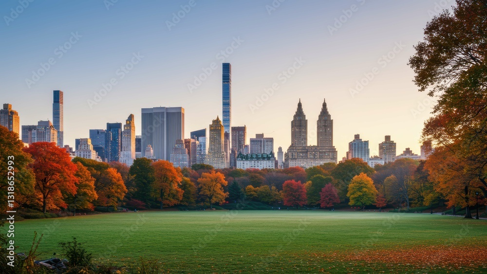 Fototapeta premium Central Park in New York City features autumn trees and skyline at sunrise Highlights urban nature and recreational space