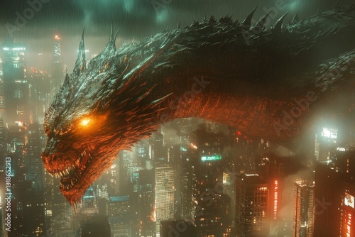 Obraz na płótnie Giant dragon looms over a futuristic city skyline at night in a vibrant neon atmosphere w salonie