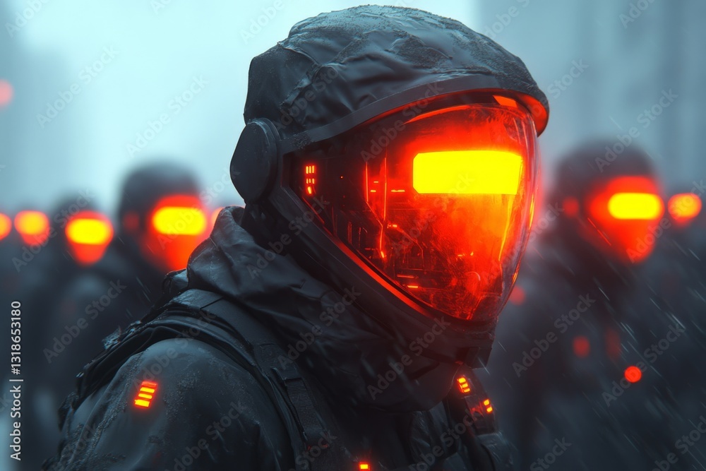 Futuristic figures with glowing helmets in a foggy urban environment during a rainstorm at night