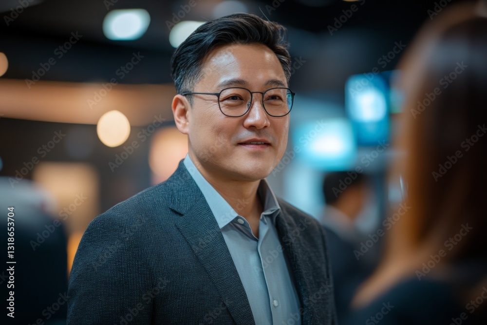 Business professional engages in discussion at networking event in modern venue