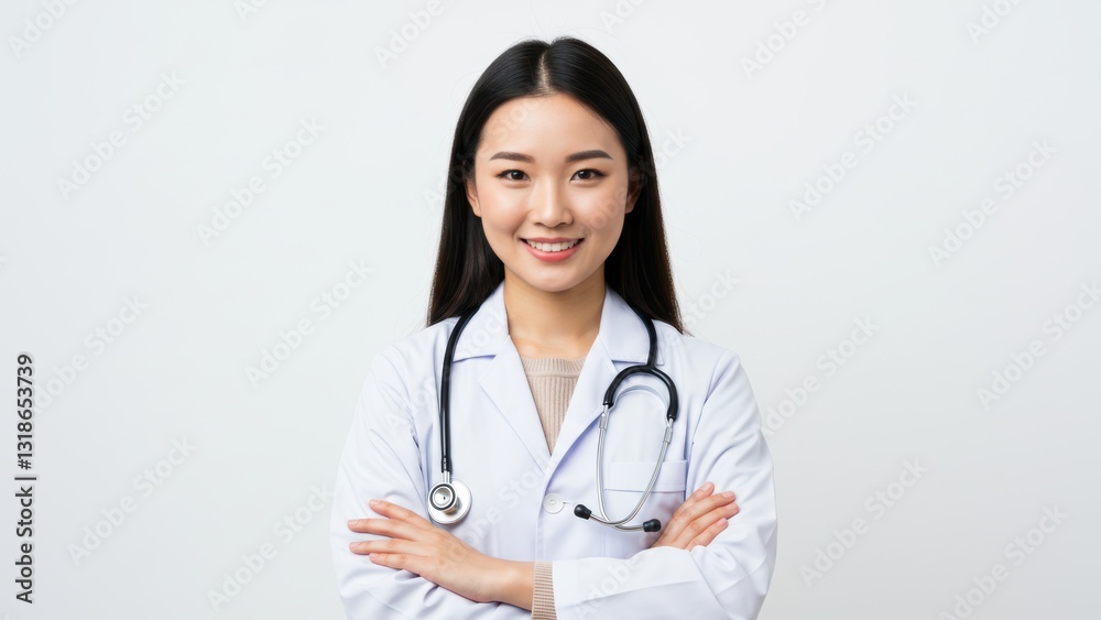 Asian female doctor wearing white lab coat and stethoscope smiling in healthcare setting Diversity and female empowerment in medicine Asian female doctor wearing white lab coat and stethoscope smiling in healthcare setting Diversity and female empowerment in medicine